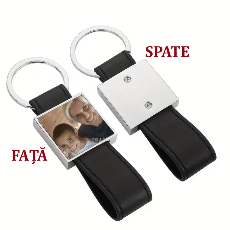 .poza si text, breloc personalizat din metal cu piele negru, model ya-05 09